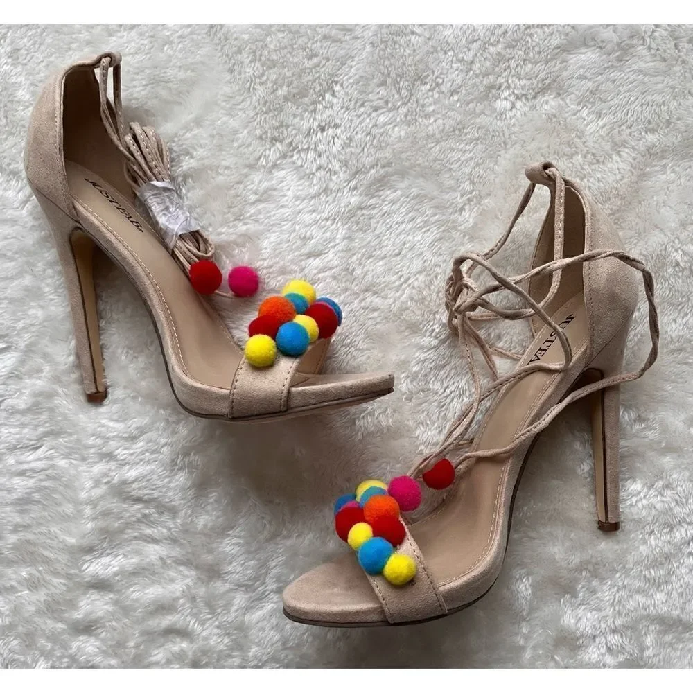 NWOB Hazel Pom Pom Embellished Heels by JUSTFAB